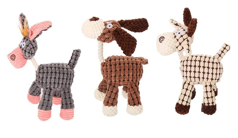 2021 Hot Sale Pet Products Vocal Pet Toys Donkey Shape Dog Chew Toys  Three Style Squeak Plush Dog Toy with Rope