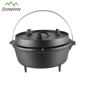 3 Legged Pre-Seasoned Cast Iron Camping Flanged lid Deep Dutch Oven with metal wire handle