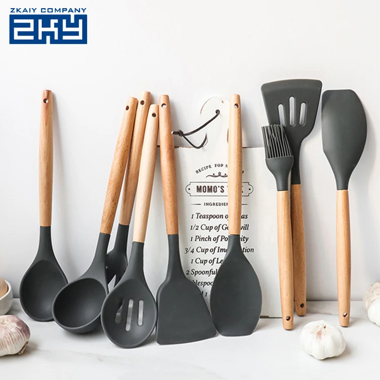9 Pcs Non-stick Silicone Cooking Tools Kitchen Utensil Set with Wooden Handles