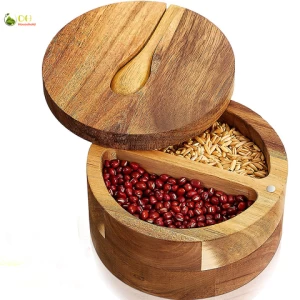 Acacia Wood Spice Box Salt and Pepper Container Cellar with Swivel Magnetic Swivel Lids Cover and Spoon