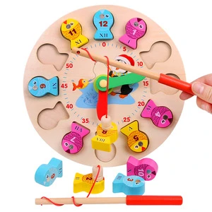 Amazon New Arrival Magnetic Fishing Game Toy Hand-eye coordination Children Toy Wooden Clock Fishing Toy