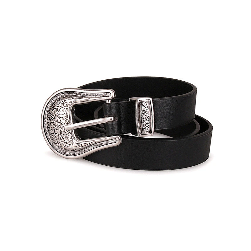 Antique Silver Bohemia Style Hip hop Punk Women Black Metal Buckle Vintage Waist Belt Simple Fashion PU leather Belt