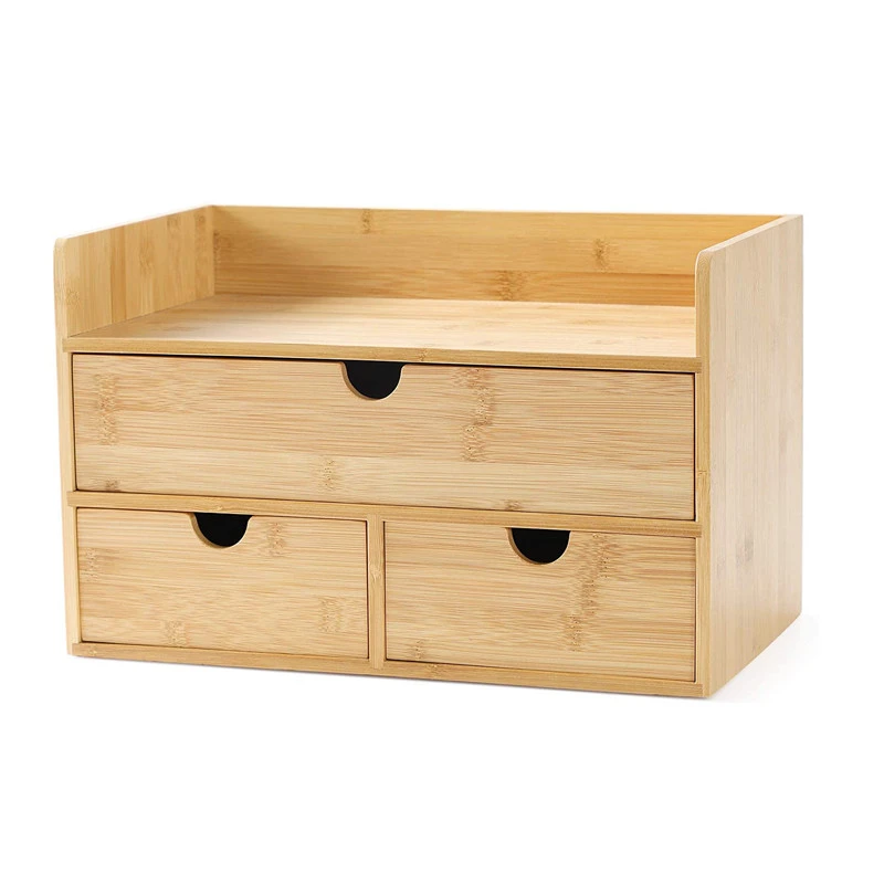 Bamboo Desk Organizer Office Supplies Tabletop Stationery Organizer Shelf Desktop Storage for Cosmetics  (3 Drawer)