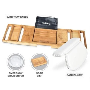 Bath Spa Kit, Includes Bamboo Bath Caddy Tray, Suction Bath Pillow & Overflow Bathtub Drain Cover Set