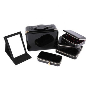 Black professional pu leather mirror cosmetic case set makeup box