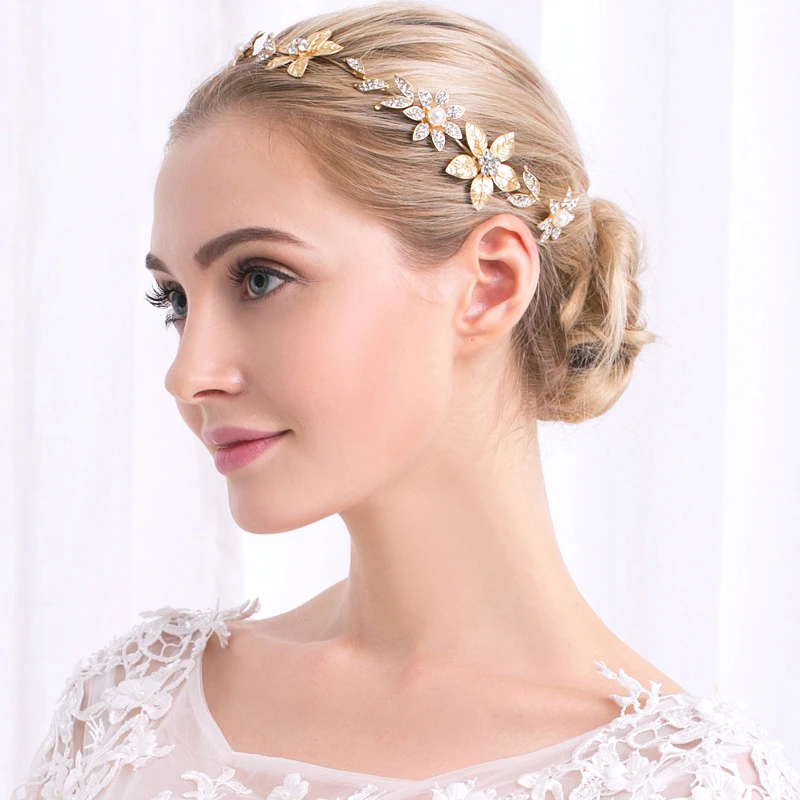 Bridal Tiaras Wedding Hair Accessories Headband Jewelry Leaf Pearl Flower Rhinestone Metal Gold Crown