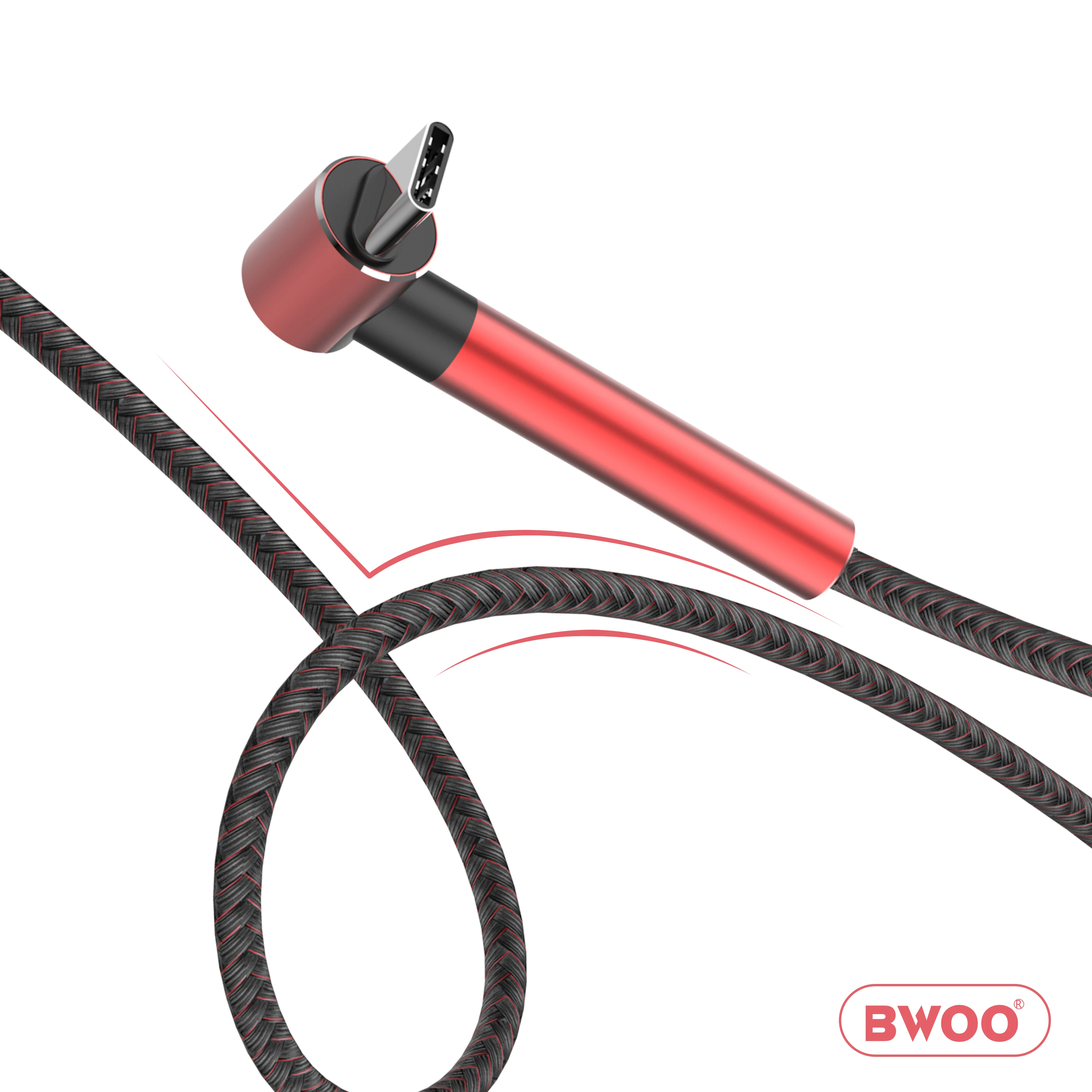 BWOO new products 90 elbow usb type c cable aluminum alloy+nylon braided fast charging 2.4a type-c data cable