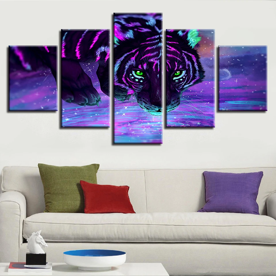 Canvas Paintings Home Decor Framework HD Prints Posters 5 Pieces Abstract Purple Fluorescent Tiger Pictures Living Room Wall Art