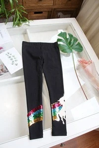 Children&#039;s Skinny Pants Sequin Flip Rainbow Unicorn Foil Printed Black Leggings for Girls