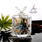 China glassware factory glass sugar bowl glass candy jar with butterfly design