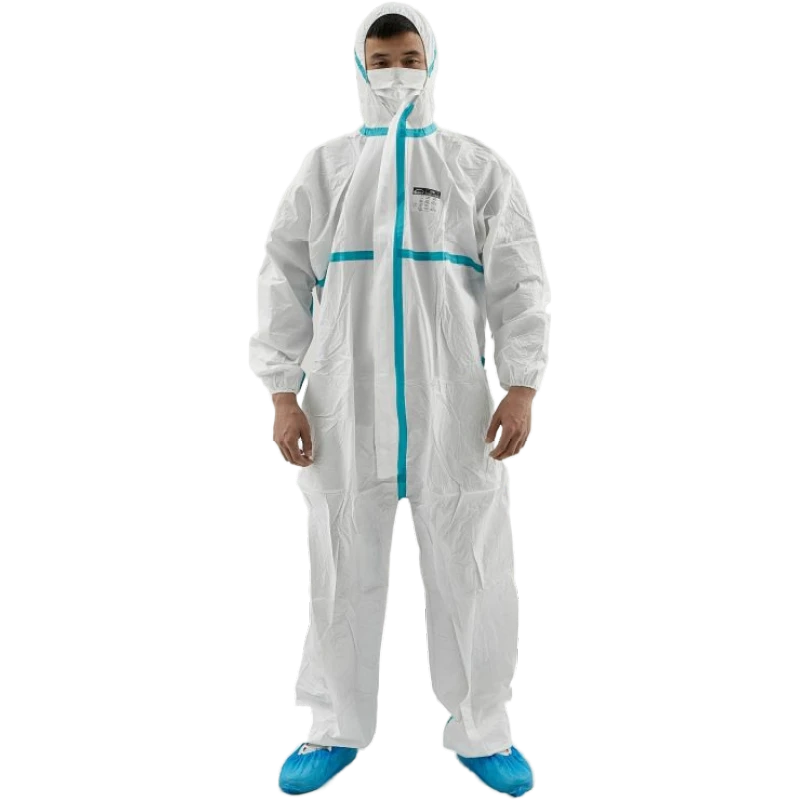 Disposable nonwoven microporous SF coveralls for safety/construction/hospital/food service with strip/tape