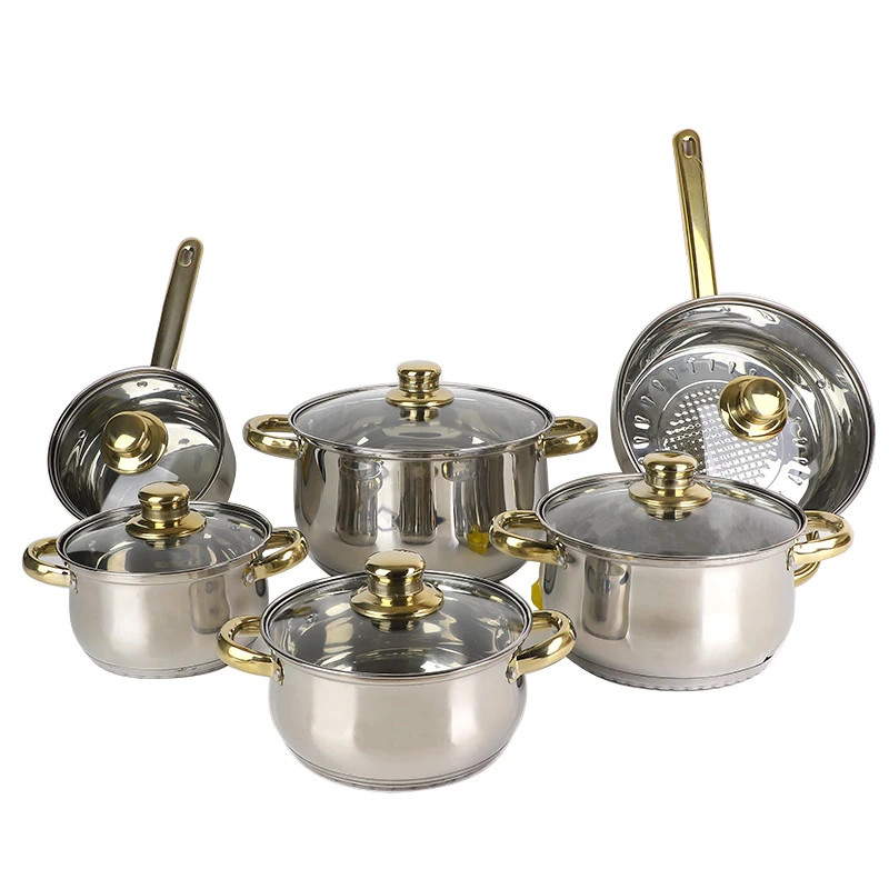 Factory OEM new prestige gold 12pcs cooker kitchen cooking pot stainless steel non stick cookware sets
