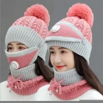 Fleece Lined Women Beanie Knit Hat, Winter Scarf Mask Set,Girls Warm Hat Earmuffs Cap with Pom