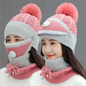 Fleece Lined Women Beanie Knit Hat, Winter Scarf Mask Set,Girls Warm Hat Earmuffs Cap with Pom