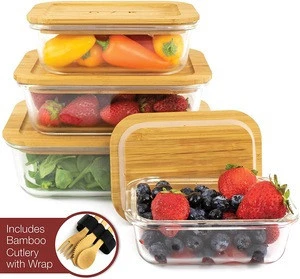 Food Container Bamboo Fiber Lunch Box Glass Food Storage Container With Cutlery Sets Airtight Bamboo lid /Bento Lunch Box