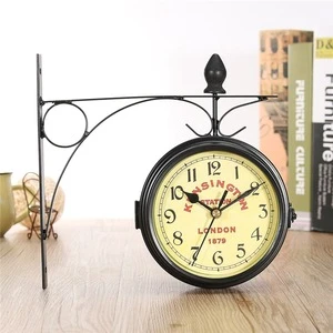 Free Shipping Charminer Vintage Decorative Double Sided Metal Wall Clock Antique Style Station Wall Clock Wall Hanging Clock Bla