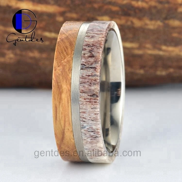 Gentdes Jewelry Custom Whisky Barrel Wood And Antler Titanium Sleeve Wedding Rings