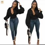 H7134 fashion causal long sleeve solid women shirt crop top blouse