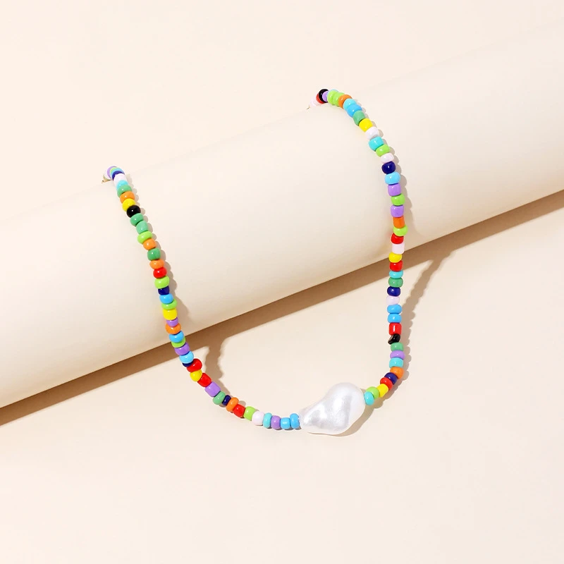 Handmade Rainbow Necklace Seed Bead Baroque Pearl Necklace Women Accessories