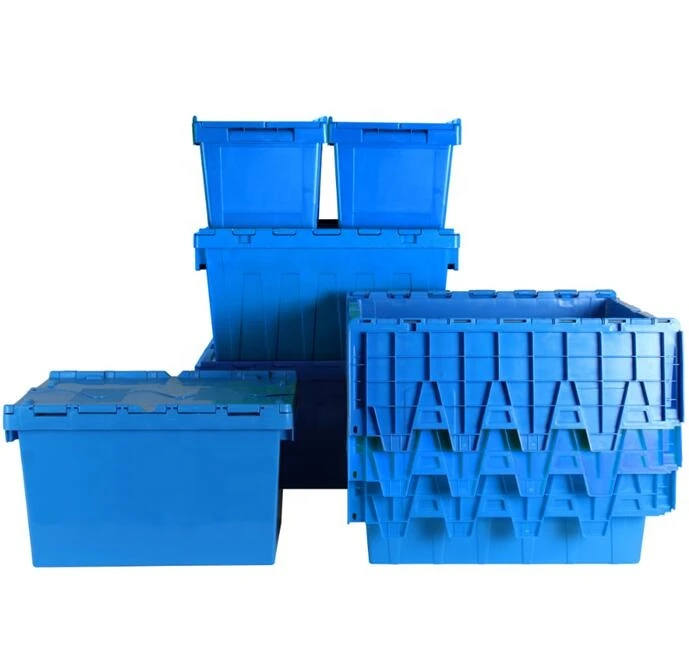 Heavy duty stackable attached lid plastic crates for storage and moving
