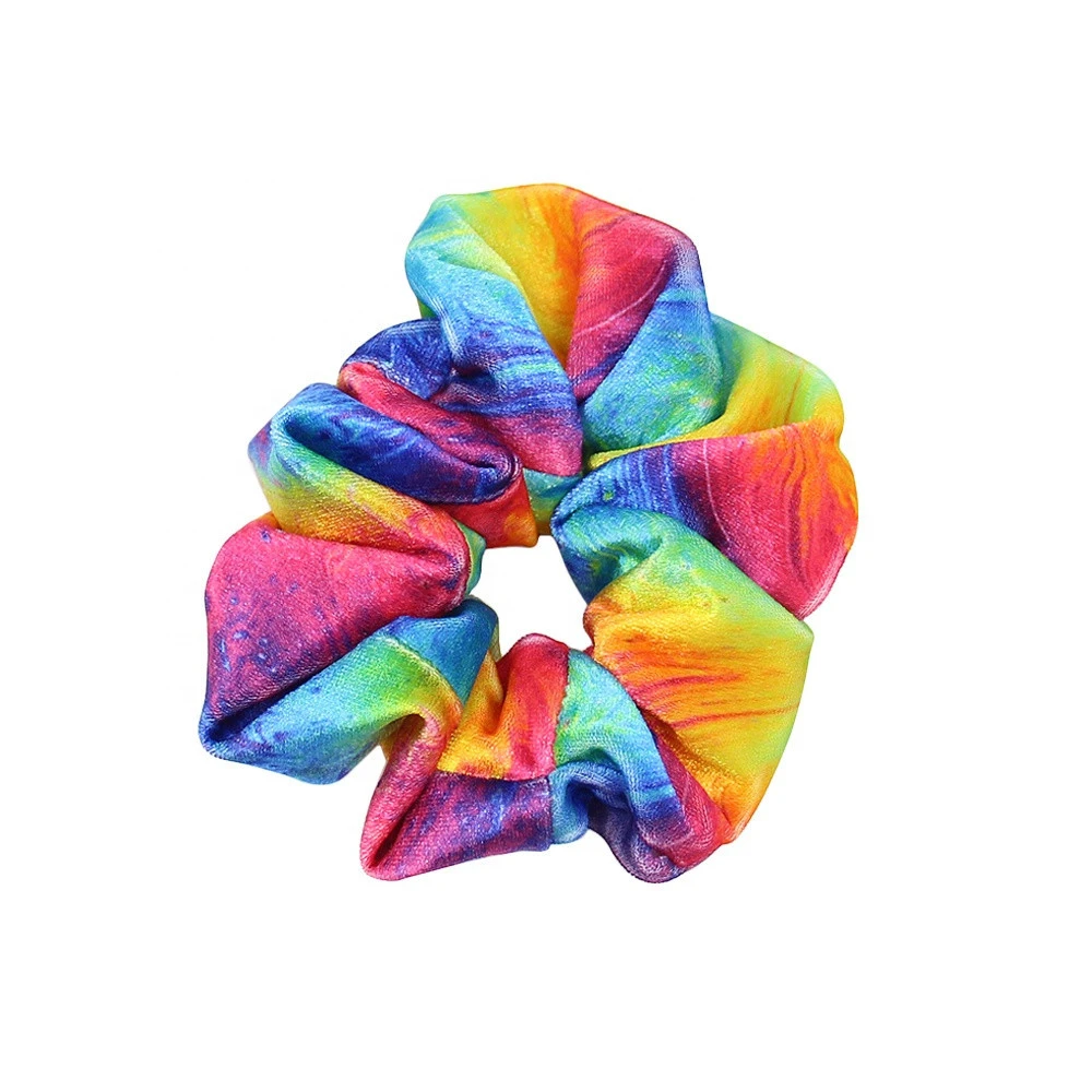 High Quality Colorful Sublimated Leopard Velvet scrunchy Tie dye Hair Scrunchies Rainbow Elastic Hair Bands For Girls