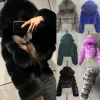 High quality Women Fur Cropped Jackets Faux Fur Coat Fluffy Top Solid Color Coat Winter Hooded Fur Jacket