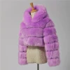 High street fashion women soft hand feeling fake fur jacket striped cut short length overcoat new style faux fur coat with hood