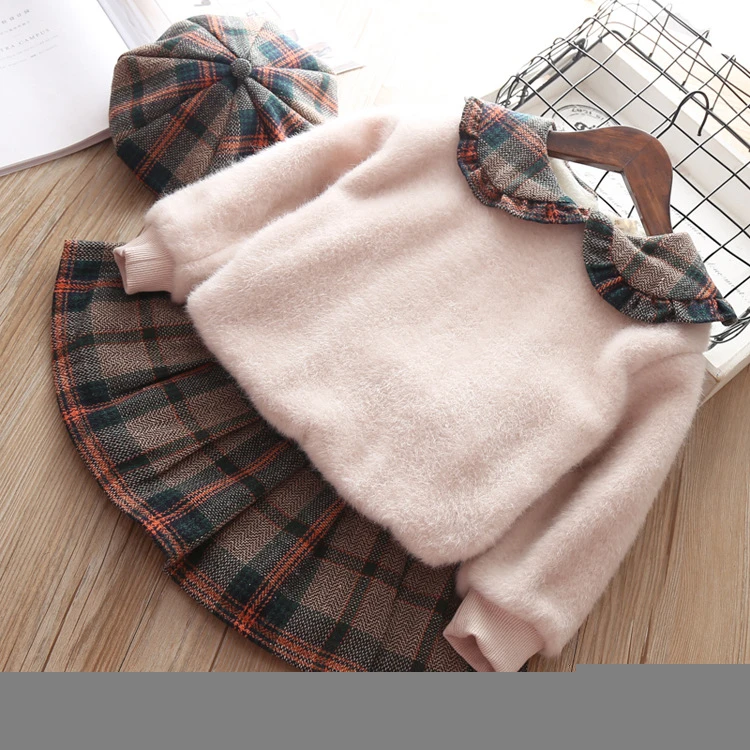 IHJ863 Autumn and winter kids clothing sets 1-5 years old baby girls&#x27; plus fleece top + plaid skirt