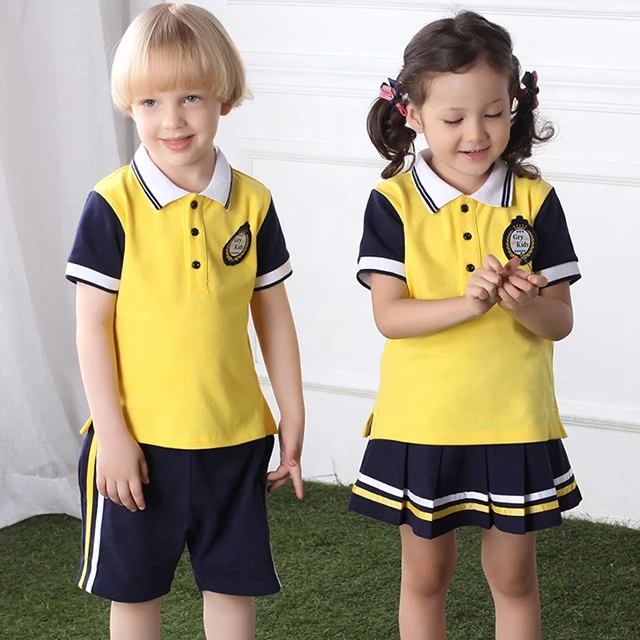 Kids Cute Yellow cotton fabrics summer kindergarten Primary Secondary School T Shirt Uniform designs pre school uniforms