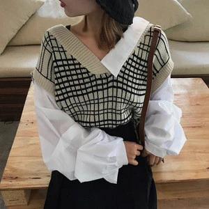 Korean fashion fake two-piece Lantern shirt sleeves women v-neck plaid sweater