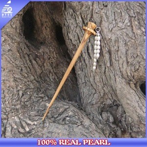 Latest Design Wholesale Elegant 100% Real Freshwater Pearl Wooden Hair Stick