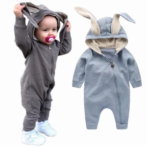 Latest Style High Quality Spring Cotton Long Sleeve Hooded Baby Rompers With Rabbit Ears