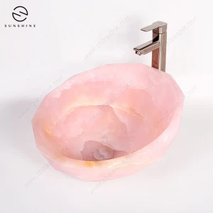 Luxury Artistic Diamond Shape Counter Top Pink Onyx Wash Basin For Bathroom
