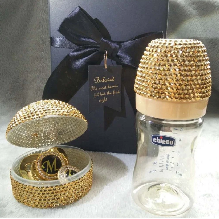 Luxury Custom Bling Diamond Baby Feeding Bottle Gold Baby Pacifier Clip Dummy Chain Pacifier Holder Box Case