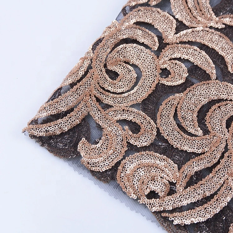 Luxury design 3mm sequins golden flowers embroidery embroidered mesh lace fabrics for lady dress