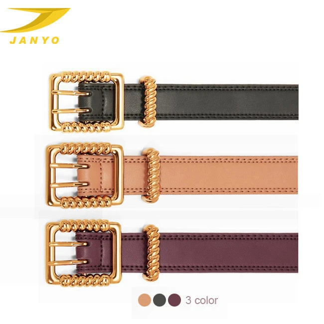 Luxury golden smooth buckle pu leather western women fashion genuine leather belt