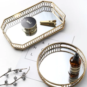 Mirror Tray Glass Tabletop Perfume Vanity Home Decor Round Jewelry Metallic Gold Metal Acrylic Serving Decorative Mirror Tray