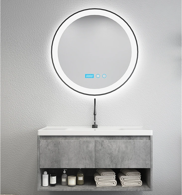 Modern Led Bathroom Vanity Gray Plywood Mdf Mirror Cabinet With Light