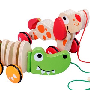 Montessori Children&#39;s Wooden Toy Tractors Outdoor Puppy Crocodile  Early Educational Pulling toy  For  Baby
