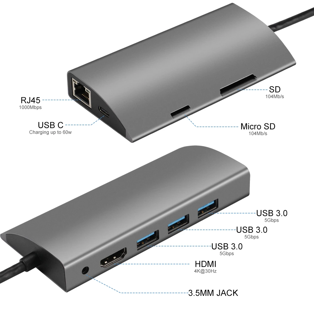 New 7 IN 1 Grey Type C Hub With USB3.0 *3/Type C/SD/TF/RJ45