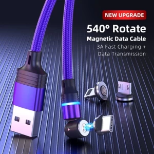 New Arrival 540 Rotating Magnetic Charging Cable 3 in 1 Micro USB Type C Fast Charge Cable Cord