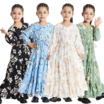 New Arrival Eid Beautiful Floral Printed  Abaya Islamic Clothing Robe Long Sleeve Malaysia Muslim Girls Dress