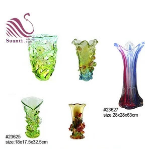 New Design Large Chinese Colorful Transparent Resin Liuli Flower Vase for Home Decoration