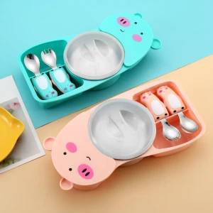 New Design Reusable Baby Bowl Spoon Fork Set Cartoon Baby Kids Feeding Plate Stainless Steel Children Tableware Set