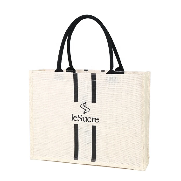 New Fashion Customized Long Handle White Gift Burlap Jute Beach Bag
