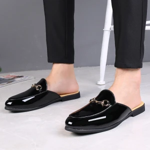 New Styles Black Color Microfiber Leather Upper Half Shoes Men Slippers
