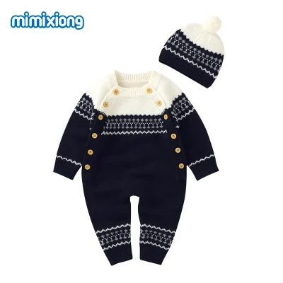 Newborn Baby Set Beautiful Pattern Double Breasted Knitted Clothes with Hat Sets