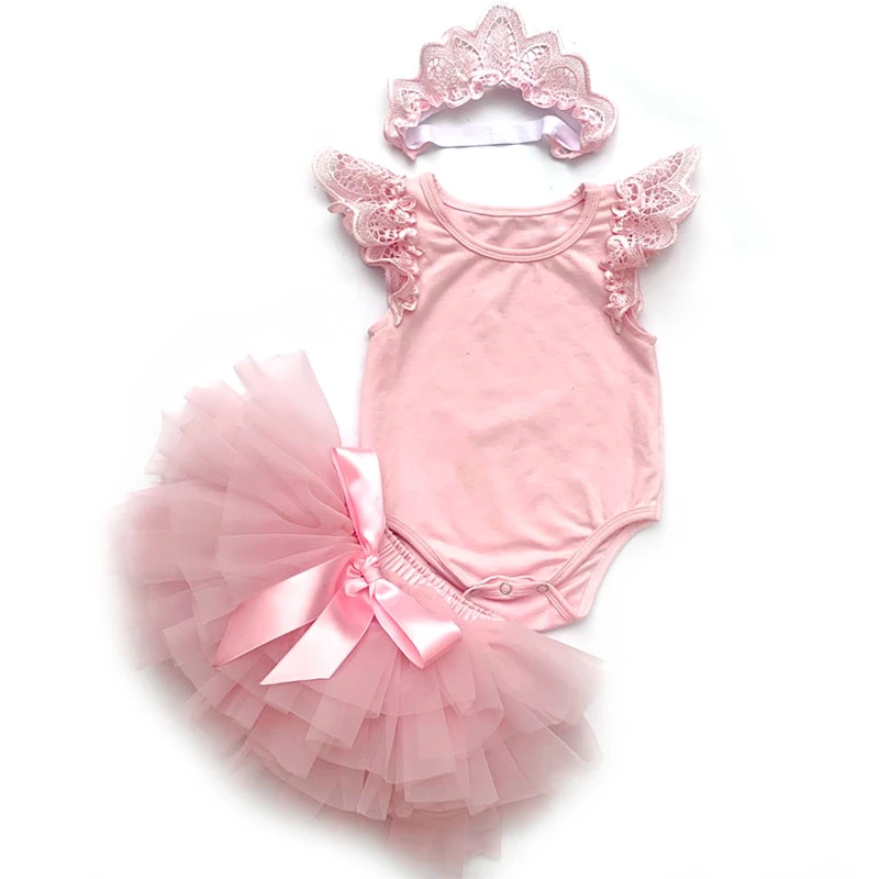 Newborn cotton flutter lace sleeve romper and tutu skirts set headband romper tutu  baby clothing set