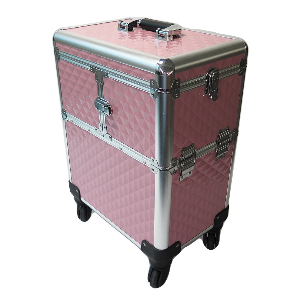 OEM aluminum beauty pink empty compact train rolling professional trolley wheels cosmetic make up boxes organizer makeup case