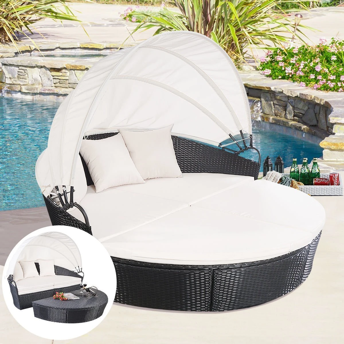 Outdoor Furniture Wicker rattan with Retractable Canopy Clamshell Seating sofa